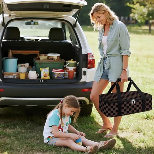 Coobiiya Insulated Casserole Carrier,Lasagna Lugger Tote Keeps Food Hot or Cold,Thermal Lunch Bag Warmer & Cooler Carrier Bag,Portable Tote Bag Fits 9" x 13" Baking Dish for Picnic and Cookouts - color: Brown Grid, size: Single Layer: 15.75 × 11.8 × 4.7 i