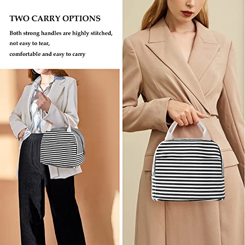 EurCross Canvas Lunch Tote Bag for Women for Work with Black and White Stripes, Reusable Insulated Meal Prep Preppy Lunch Box Bag for Daily Use, Cute Lunch Cooler Bento Boxes Bags - color: Black Stripes
