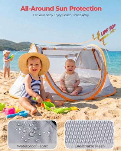 Poray Portable Baby Beach Tent with UPF 50+ Sun Shelter,Mosquito Net and Sunshade, Ideal Pop Up Kids Travel Tent with Carry Bag & 2 Stakes,Outdoor Indoor Play and Sun Protection - style: Vibrant Orange
