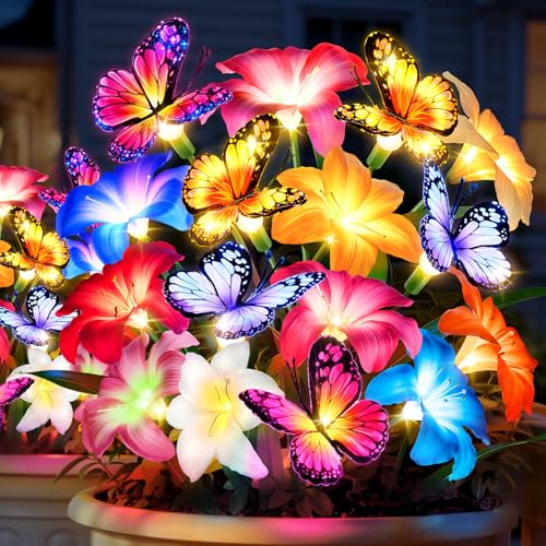 Ahaorigin Solar Garden Lights Outdoor, 4 Pack Blooming Lily Solar Flowers with Butterfly Outdoor Waterproof, 7 Color Changing Bigger Flower Lights for Yard Patio Decor, Gift for Mom - size: Lilies Flowers - 4pc-B