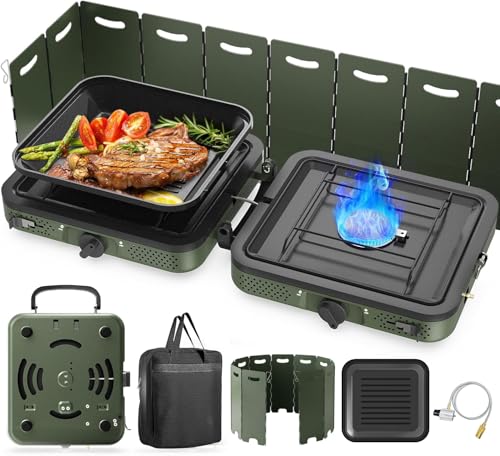Camping Stove, 2 Burner Propane Stove With Grill,17,000 BTU Camp Stove, Foldable Camping Stove Propane Includes Carry Bag,Windscreen & Grill,Adjustable Burners & Piezo Ignition for Tailgating,BBQ,Camp - color: Green