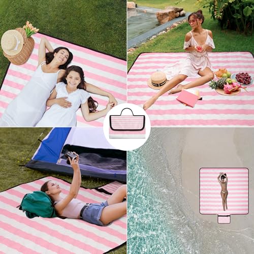 Waterproof Picnic Blankets,79''x79'' Extra Large Foldable Sandproof Beach Blanket,Portable 3-Layer Polyester Outdoor Picnic Blanket for Grass Lawn,Beach,Family Camping,Park,Travel-Pink Stripe - color: Pink Stripe