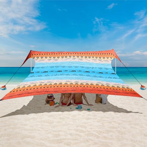 Beach Tent, Beach Canopy Sun Shade UPF 50+, Portable 10×10 FT Camping Sun Shelter with Sandbags, Poles, Ground Pegs and Anti-Wind Ropes for Outdoor, Backyard, Picnics, Sport, Fishing - color: Red Sea Waves