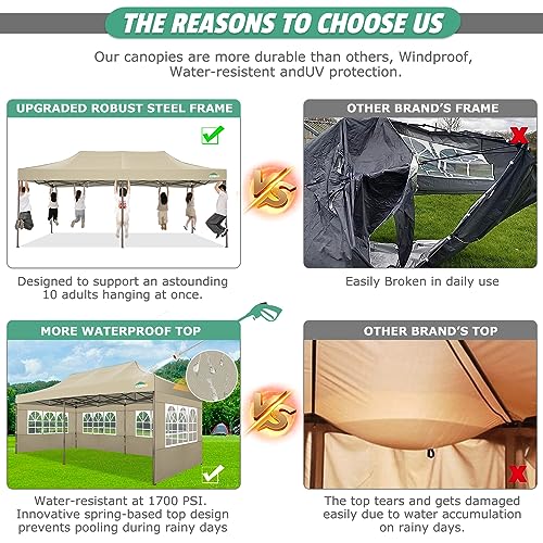 COBIZI 10x20 Pop Up Canopy Tent Heavy Duty with 6 Removable Sidewalls, Commercial Heavy Duty Pop Up Tent for Parties All Weather Waterproof and UV 50+ Wedding Tent with Roller Bag(Legs Upgraded) - color: Khaki, size: 10x20FT