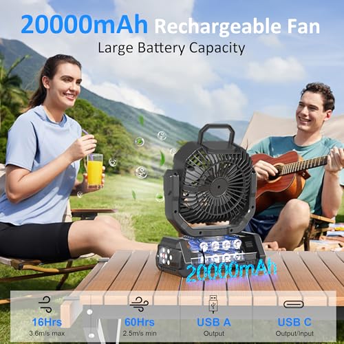 Portable Fan Rechargeable, 20000mAh Cordless Battery Powered Camping Fan with LED Light & Remote, 4 Speeds Wind, Timer, USB C, Hanging Hook, Oscillating Fans for Travel Tent, Camping Essentials - color: Black