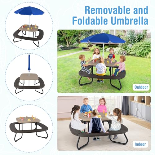 HONEY JOY Kids Picnic Table, 8 Person Toddler Outdoor Table and Chair Set, 4 Built-in Benches, Removable Umbrella, Metal Frame & HDPE Top, Children Outdoor Furniture for Backyard Patio Garden (Coffee) - color: Coffee