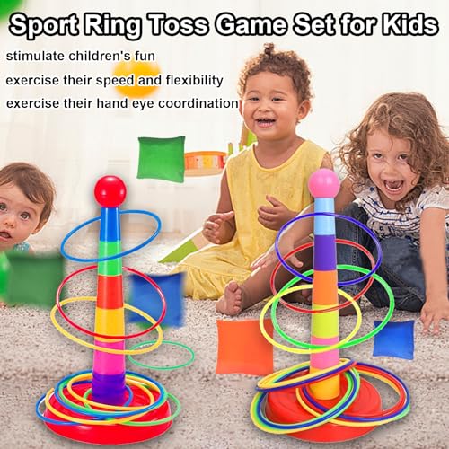 Colorful Plastic Sport Ring Toss Game Set for Kids,2 Colorful Columns+48 Rings+12 Bean Bags,Outside Toys Carnival Ring Circle Game,Outdoor Kids Sports Educational Toys - color: Multicolor, 36 rings