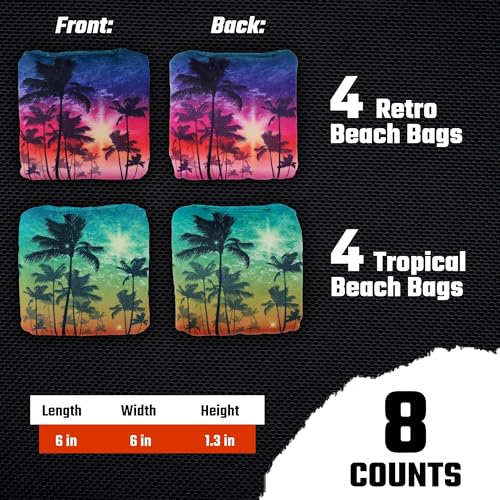 Professional Cornhole Bags Set of 8 - Dual Sided Stick & Slide (Suede/Woven) - Premium Resin Filled Regulation Weight & Size (6x6, 16oz) - Double Stitched Reinforced Seams with Carry Tote - color: Tropical Sunset