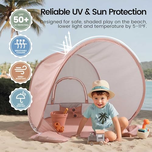 Tiny Land Baby Beach Tent – Pop Up Baby Tent with UV Protection, Portable Baby Beach Essentials, 35.4"x27.6"x31.5" Sun Shelter for Infants, Baby Outdoor Use (Pink) - color: Sunset Blush