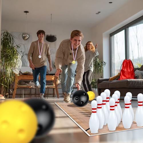 Mini Bowling Set Indoor Outdoor Indoor Bowling Set with Guide Arrow Mat Gold and Silver Medal Backpack Dispensing - color: White