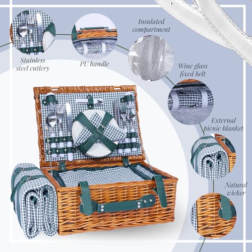 Picnic Basket Set for 4 with Waterproof Blanket Mat Insulation Bag Wicker Green Plaid Classic Cottagecore Gift for Christmas Thanksgiving Wedding Birthday Camp Outdoor Beach Travel - color: Green Plaid 2