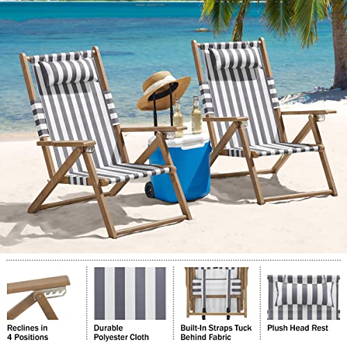 Lavish Home Set of 2 Beach Chair - Outdoor Weather-Resistant Wood Folding Chair with Backpack Straps - 4-Position Reclining Seat - Beach Essentials (Gray) - color: Grey, style: Set of 2
