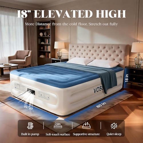 VOSSER Queen Air Mattress with Built-in Pump,18'' Raised Blow Up Mattress, Leak-Proof Air Bed with Storage Bag, Flocked Top Inflatable Mattress for Home, Camping & Guests, I-Beam, Colchon Inflable - color: Blue, size: Queen 18''(comfort Height)
