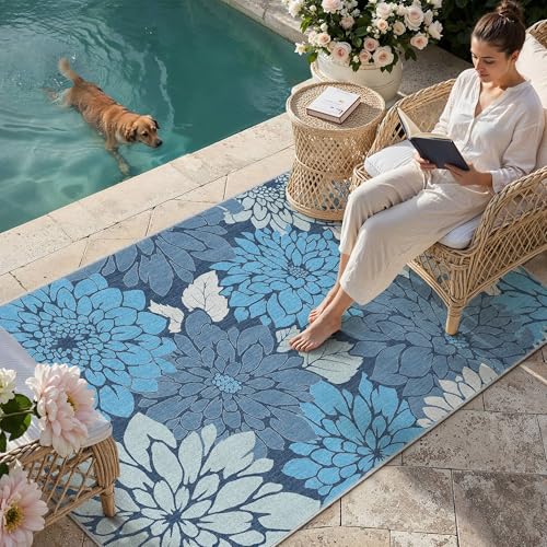 HUGEAR Floral Textured Weave Indoor Outdoor Area Rug 4X6 Washable High Traffic Stain Resistant Non Slip Durable Carpet for Livingroom Patio Deck Balcony Courtyard (Blue, 4' x 6') - color: Multi Floral / Blue, size: 4'x6' (Rectangular)