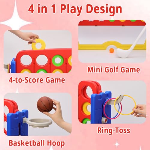Giant 4-in-A Row Connect Game Set, Height Adjust Jumbo Yard Game for Kids & Adults w/Mesh Catching Bag, Basketball Hoop, Ring Toss & Mini Golf, Family Party 4-to-Score Indoor/Outdoor Games - color: Red Blue