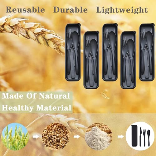 Reusable Travel Utensils Set with Case, 5 Sets Wheat Straw Portable Plastic Fork Spoons Knife Cutlery, Camping Eco-Friendly BPA Free Tableware for Kids Adults Work Picnic or Daily Use (Black) - color: 5 Black