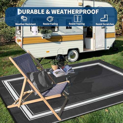 GarveeHome Large Outdoor Straw Plastic Rug 9x18 Waterproof Reversible Mat with 4 Stakes & Portable Bag Palm Leaves Minimalist Big Camping Rug Outdoor Patio Rugs Deck Mat Balcony Pool RV, Black - color: Border|black, size: 9' x 18' (Rectangular)