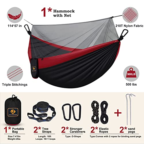 Camping Hammock with Net,Portable Lightweight Double Hammocks with Tree Straps and Solid D-Shape Carabiners,Parachute Nylon Hammock for Backpacking Beach Backyard Patio Hiking Black&Red - color: Black & Red, size: X-Large