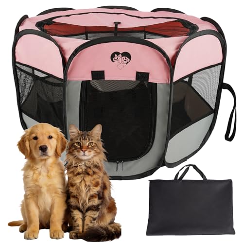 Dog Cat Playpen，Pet Cage - Indoor Outdoor, Portable Foldable Pop Up, Removable Zipper Top，Fits Dogs, Cats, Rabbits (Pink,M) - size: M