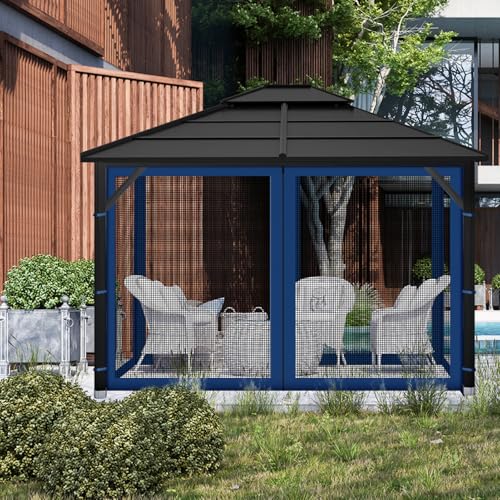 Gazebo Replacement Mosquito Netting Outdoor Universal Gazebo Canopy 4-Panels Screen Sidewalls with Zipper for Patio Garden (Navy Blue, 10x10) - color: Navy Blue, size: 10x10