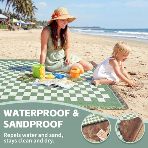 2 in 1 Extra Large Boho Beach Blanket Towel Picnic Camp Mat Family Beach Trip Essentials Summer Vacation Must Have Travel Accessories Lake Day Necessities Stuff Thing Need Gear Gift Item Gadget 2026 - color: Checkered Aqua