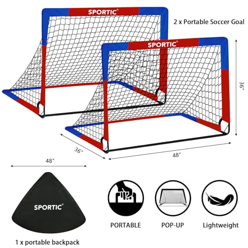 2 Pack 4' x 3' Soccer Goal Net Set, Pop Up Kids Practice Soccer Goals for Indoor and Outdoor.Portable Soccer Net with Carrying Bag & Ground Pegs, Perfect for Backyard, Field, Court - color: Red and Blue