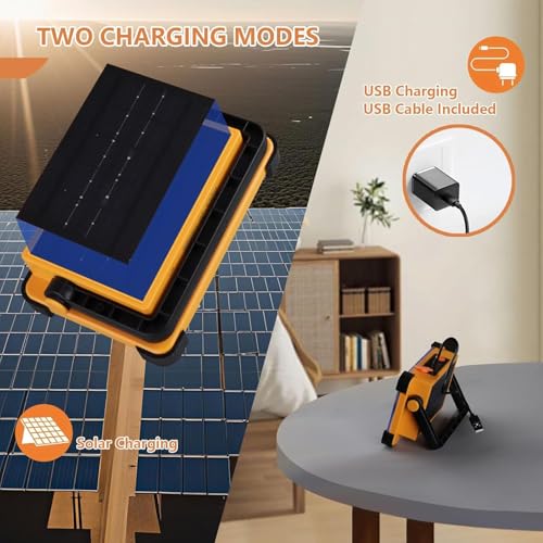 2 Pack 120W Solar Rechargeable Work Light, 144 LED 10000LM Portable Flood Light with Stand, IP66 Waterproof 4 Modes LED Job Site Lighting Flashlights for Mechanic Camping Fishing Car Repair - style: Yellow 2 Pack
