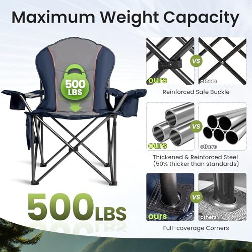 2 Pack Folding Camping Chairs for Adults - High Back Padded Outdoor Lawn Chairs with Lumbar Support & Cup Holder, 500lbs Heavy Duty Portable Camping Chairs Set (Blue & Gray, 2 PCS) - color: Blue & Gray, size: 2 PCS