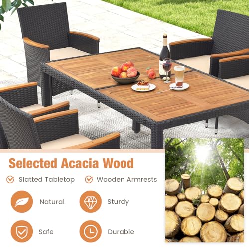 HAPPYGRILL 7 Pieces Outdoor Dining Set, Patio Conversation Set with Umbrella Hole, Acacia Wood Tabletop & Seat Cushions, Dining Table with 6 Rattan Wicker Chairs for Backyard Poolside Deck - color: Black & Beige