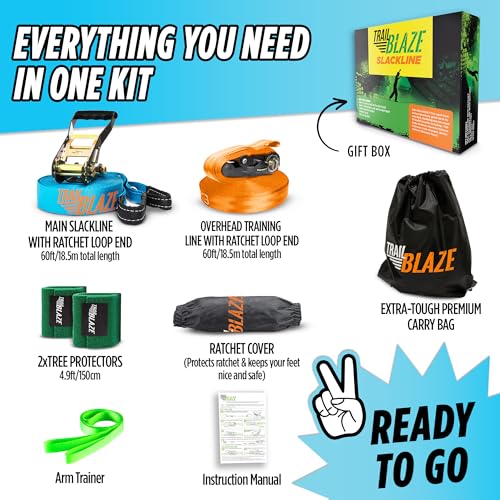 Complete Slackline Kit with Training Line - 2X 60ft Slack Lines for Backyard for Kids and Adults, Wider Tree Protectors - Ninja Slackline Kit for Kids Outdoor Play Equipment (Complete Kit - Blue) - color: Blue & Orange