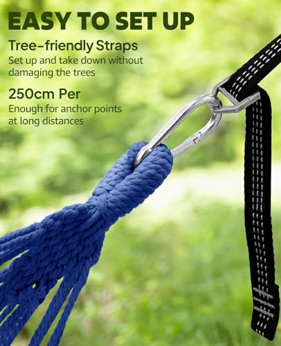 Chihee Hammock for Stand 9.8ft x 4.9ft Soft Cotton Hammock Holds Up to 660lbs Portable Tree Hammocks with Detachable Spreader Bar Pillow 2 Strong Webbings 2 Carabiners Patio Garden Indoor Outdoor - color: Blue/Green Stripes, size: 300x150cm