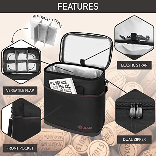 opux 6 Bottle Carrier Tote | Insulated Padded Wine Cooler Bag for Travel. Picnic, BYOB | Portable Leakproof Wine Tote Bag for Dinner, Party, Christmas, Wine Gift for Women, Men (Black) - color: Black, size: 6 Bottle