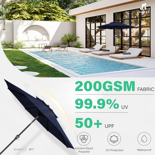 JEAREY 9 ft 2-Tiers Patio Umbrellas Outdoor Table Market Umbrella w/Push Button Tilt/Crank, 8 Sturdy Ribs, UV Protection Waterproof Sunproof(Navy Blue) - color: Navy Blue