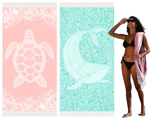 Widdonen Thin Turkish Beach Towel Lightweight Quick Dry Absorbent Cotton Bathroom Bath Pool Swim Towels Extra Large Oversized Sand Free Beach Accessories Essentials Cloud Gifts for Adult - color: 2 Pack Pink Turtle Light Green Whale, size: X-large(79 X 36