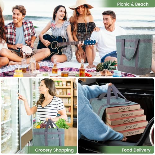 Insulated Reusable Tote Bag for Grocery Shopping for Women/Men, Waterproof Cooler Bags for Travel/Beach/Picnic, Pizza/Food Delivery Bag to Keep Food Cold/Hot for Catering (Oxford Cloth, Green) - color: Green, size: Waterproof PRO