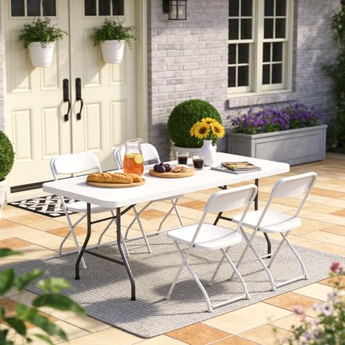 5ft Folding Table, Heavy Duty Plastic Card Table with Foldable Steel Legs, Metal Frame Support up to 500 lb, Portable for Indoor, Outdoor, Picnic, Camping, Dining, Party, White - color: White, size: 5FT