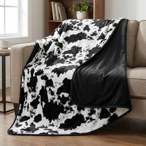 Waterproof Blanket for Bed, Couch, or Car - 60” x 80” Reversible Queen Size Throw Blanket for Reliable Leakproof Furniture Protection - Washable Pet Throws by Lavish Home (Cow Print) - color: Black/White