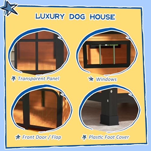 PawHut Outside Cabin-Style Wooden Dog House for Large Dogs with Openable Roof & Giant Window, Outdoor & Indoor Big Dog Shelter, Asphalt Roof, Yellow - color: Yellow