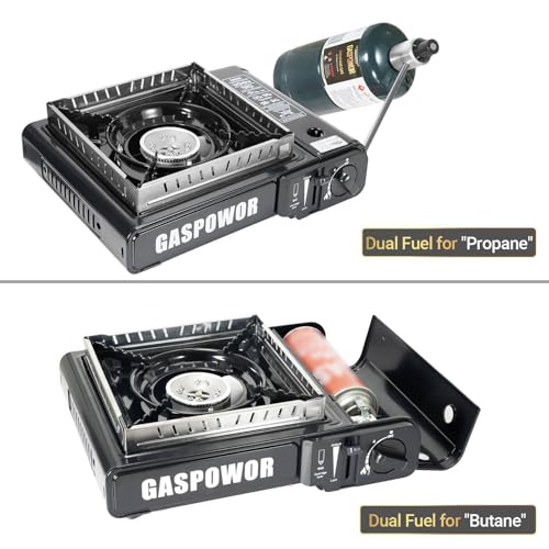 Propane or Butane Stove Dual Fuel Stove Portable Camping Stove, 10,000 BTU Butane Propane Stove with Carrying Case&Windblocker, Automatic Ignition for Emergency Preparedness Kit (Fuel Not Included) - color: Coal black