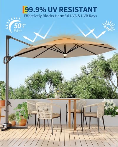 9ft Outdoor Patio Umbrella Heavy Duty 8 Ribs, Waterproof UV Protection Sun Shade with Crank Lift & Push Button Tilt, Outdoor Umbrella for Deck, Pool, Garden, Backyard, Lawn - color: Brown&Round-Lights, size: 10FT Roman