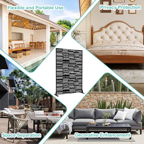 Modern Metal Privacy Screen, Patio Outdoor Privacy Panels with Stand, Freestanding Outdoor Divider for Yard, Deck＆Garden(71.3"*47.3"*15.7") - color: Black,Barcode