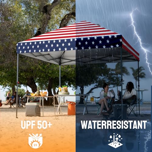 CROWN SHADES 10x10 Pop Up Canopy - Patented Center Lock One Push Instant Outdoor Canopy Beach Tent with STO-N-Go Bag 8 Stakes & 4 Sand Bags，American Flag - style: American flag