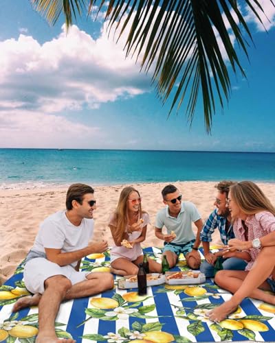 Lemon Beach Blanket Waterproof Sandproof 108"x84", Summer Blue Stripes Oversized Beach Mat with 4 Corner Sand Pocket & 4 Stakes, Compact Outdoor Picnic Mat for Camping Travel Festivals - color: Blue, size: 108"x84"