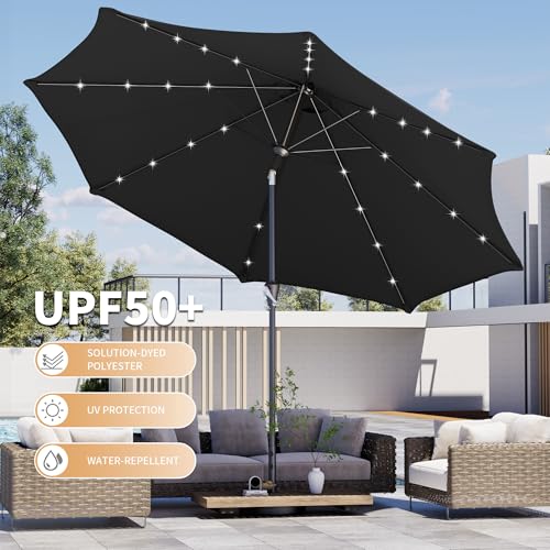 Kingdura 10FT Outdoor Patio Umbrella with Solar Lights, Market Table Umbrella with Push Button Tilt & Crank, 8 Sturdy Ribs, 32 LED Lights, UV Protection for Garden Lawn Deck Backyard Pool (Black) - color: Black-LED, size: 10 Ft