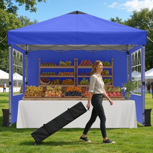 Raynesys Pop Up Canopy Tent with Sidewalls, 10x10ft 10 Person Party Tent One Push Setup, Portable Gazebo Outdoor Sun Shade for Events, Parties, Camping, Commercial, Silver Coated Top, Blue - color: Blue