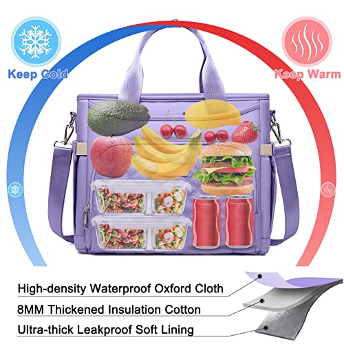 AIJIEKE Extra Large Lunch Bag for Women & Men, Insulated Leakproof Lunch Box for Work, Reusable Adult Lunch Tote with Shoulder Strap, Multi-Pocket Cooler Bag for Office, Picnic, Beach, Purple - color: Light Purple