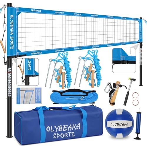 Professional Outdoor Volleyball Net Set for Backyard Beach with 1.7" Aluminum Poles, 45-ply HDPE Net, PU Volleyball and Pump, Boundary Line, Large Carry Bag - Anti-sag & Easy Setup - color: Blue