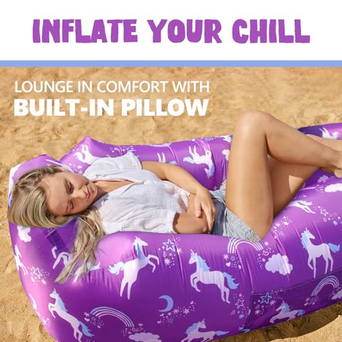 AlphaBeing Inflatable Lounger Beach Chair Accessories, Air Sofa Hammock Inflatable Couch for Camping Backyard Lakeside with Compression Sacks, Ideal Outdoor Gifts for Adults - color: Unicorn Purple