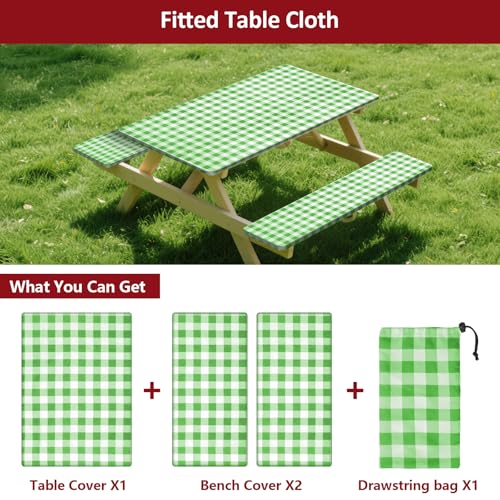 6ft Picnic Table and Bench Cover, Camping Essentials RV Gear, 72in Waterproof Windproof Outdoor Elastic All Around Tablecloth, Fitted Rectangle Tables and Seats, Green-White Checkered - color: Green-white Checkered, size: 72"