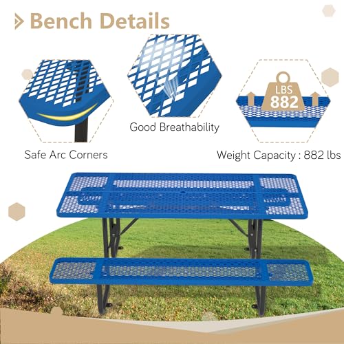 72 Inch Commercial Outdoor Picnic Table, Heavy Duty Rectangle Steel Patio Furniture Set with Bench Seats & Umbrella Hole, Weather Resistant Mesh Metal Dining Table for Backyard, Lawn, BBQ, Garden,Blue - color: Blue